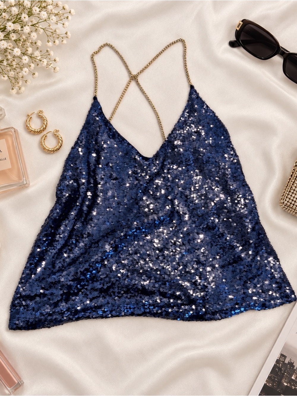 Rue21 Navy Sequin Cami Top Gold Chain Straps S